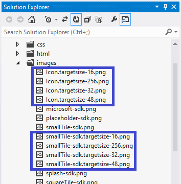 The Solution Explorer with a view of the files in the images folder. There are 16, 32, 48, and 256 pixel versions of both ‘Icon.targetsize’ and ‘smallTile-sdk’