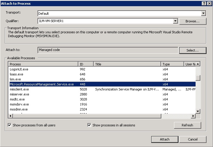The Attach To Process dialog.