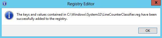 registry editor - the keys and values contained in c:\windows\system32\linecounterclassifier.reg have been successfully added to the registry.