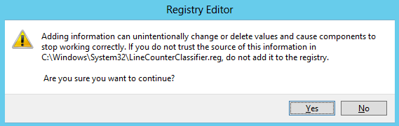 registry editor warning "adding information can unintentionally change or delete values and cause components to stop working correctly. if you do not trust the source of this information in c:\windows\system32\linecounterclassifier.reg, do not add it to the registry." "are you sure you want to continue?"