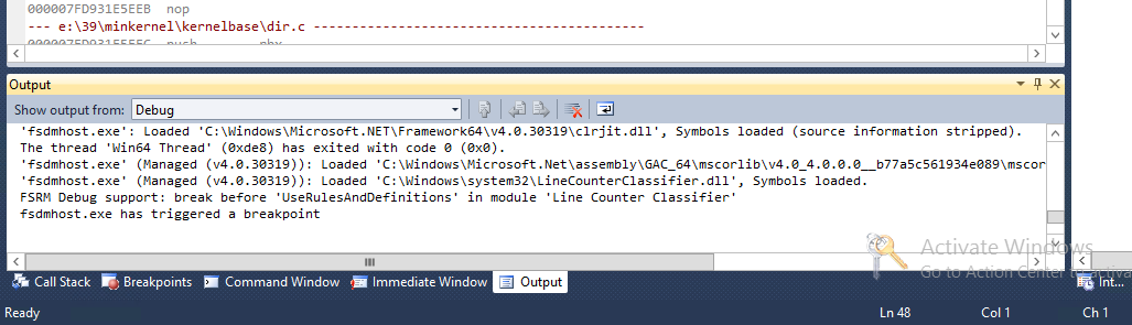 visual studio debugger pane - fsrm debug support: break before 'userulesanddefinitions' in module 'line counter classifier'