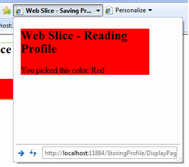 Screen shot of Web Slice showing selected color