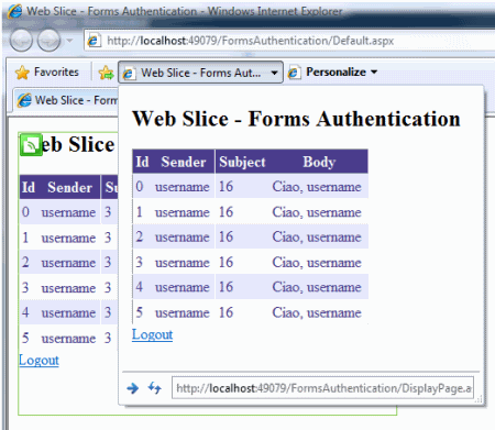 Screen shot of an authenticated Web Slice displaying inbox