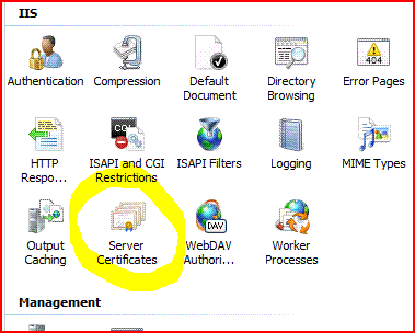 Screen shot showing Server Certificates in the IIS Management console