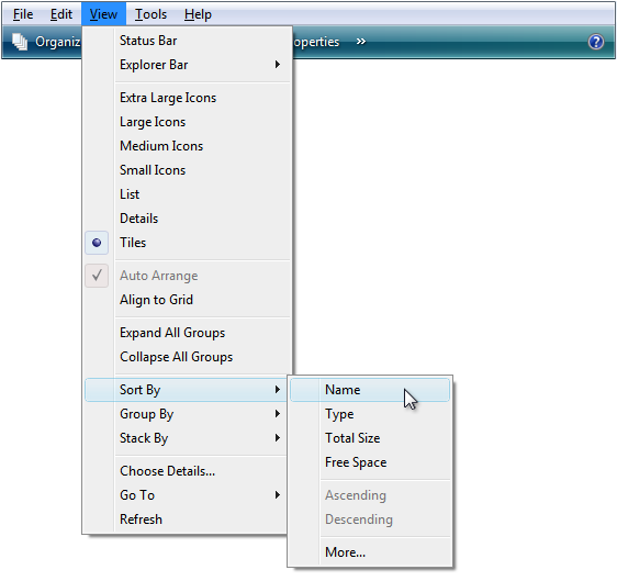 Screen shot of the View menu and its submenus 