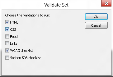 Picture of the Validate Set dialog box with multiple validations selected to run
