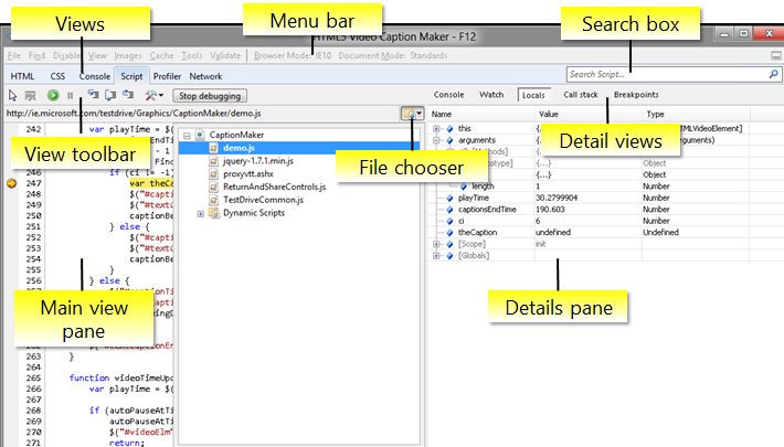 Main user interface for the Developer Tools