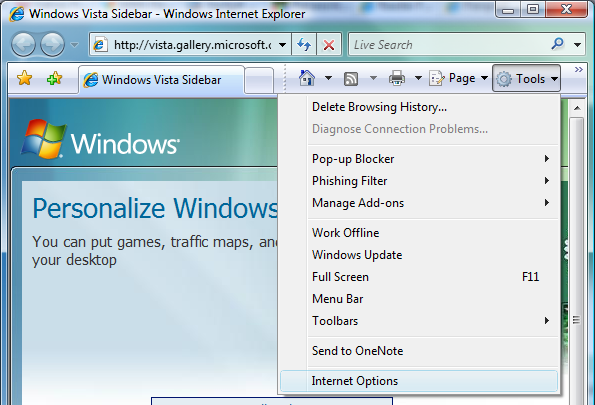 internet options in windows internet explorer