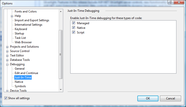 just-in-time debugging for script in visual studio