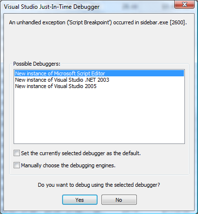 the visual studio just-in-time debugger dialog