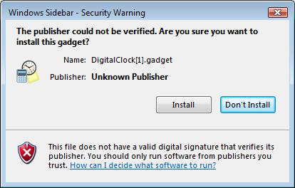 the security warning dialog presented to a user when a gadget is installed.