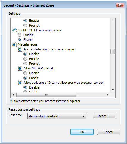 the internet explorer security settings dialog showing the 'access data sources across domains' radio button selection.