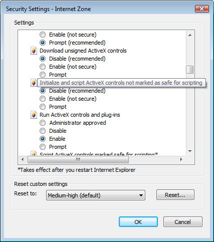the internet explorer security settings dialog showing the 'initialize and script activex controls not marked as safe for scripting' radio button selection.