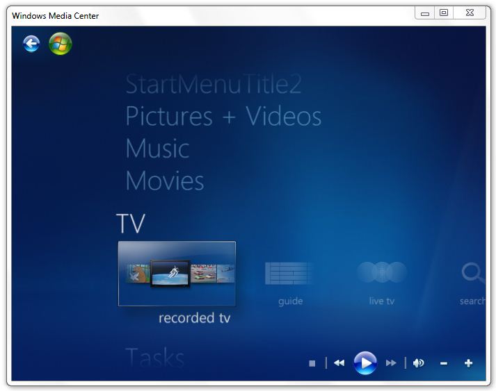 The Windows Media Center UI with navigation and transport controls