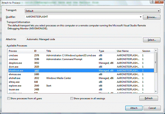 The Attach to Process dialog box 
