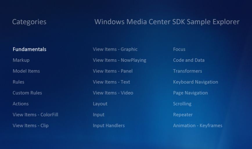 The Sample Explorer (Windows Media Center application)