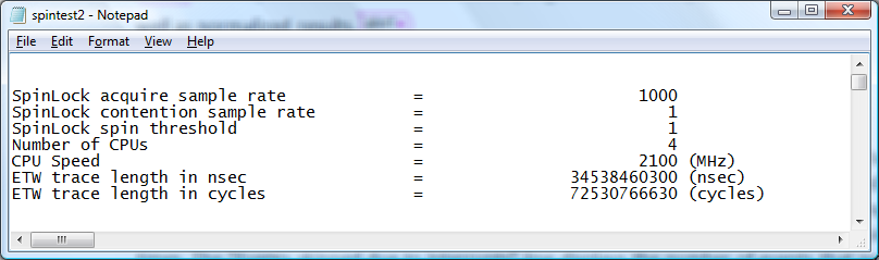 screen shot of a notepad window displaying the summary section of a spin lock report