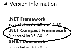 .NET CF support listed under Version Information