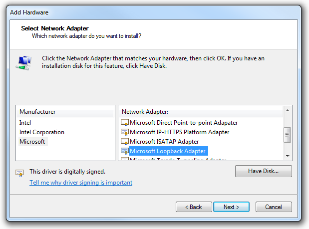 Selecting the Loopback Adapterin Windows 7