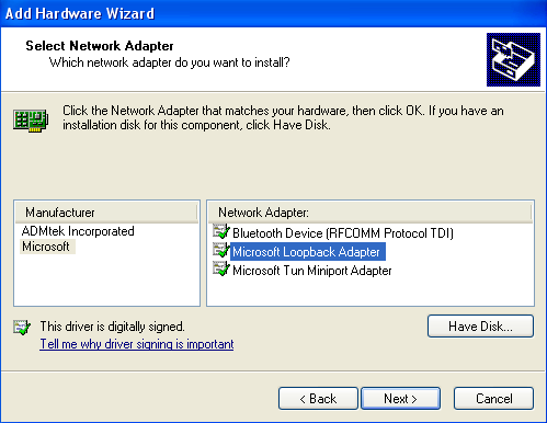 Selecting the Loopback Adapter in Windows XP