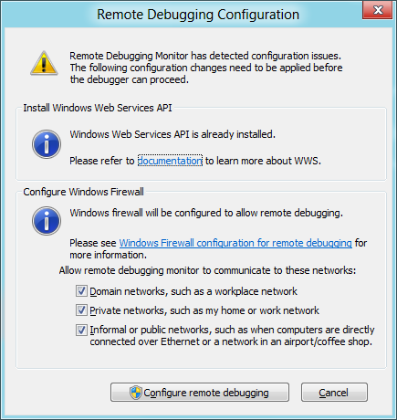 remote debugging configuration window