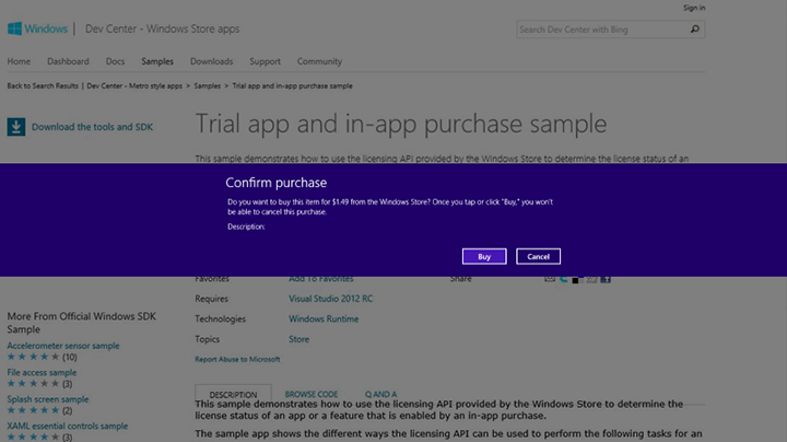 An in-app purchase confirmation prompt