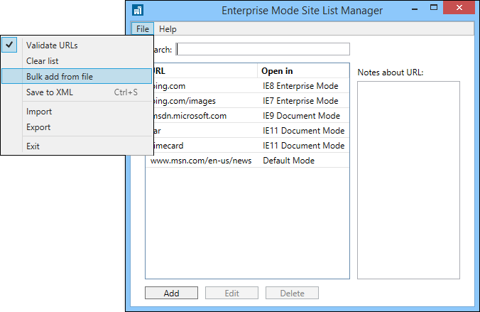 Enterprise Mode Site List Manager with Bulk add from file option.
