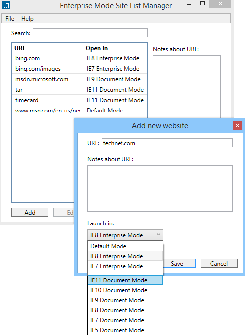 Enterprise Mode Site List Manager, showing the available modes.