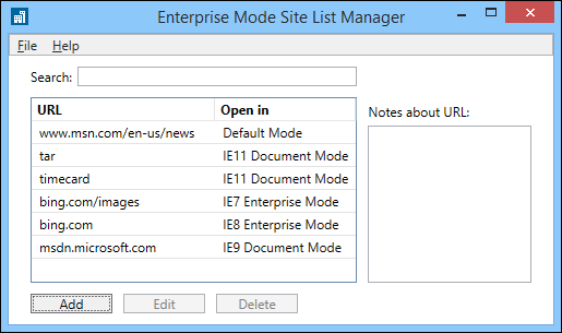 Enterprise Mode Site List Manager, showing the different modes.