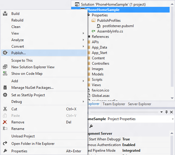 Visual Studio, Publish menu.
