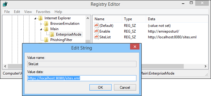 enterprise mode with site list in the registry.