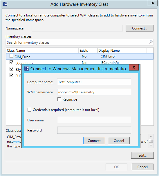 Configuration Manager, with the Connect to Windows Management Instrumentation (WMI) box.