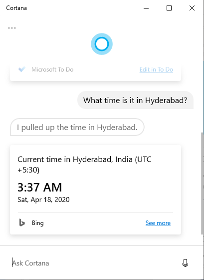 Screenshot: Cortana showing current time in Hyderabad.