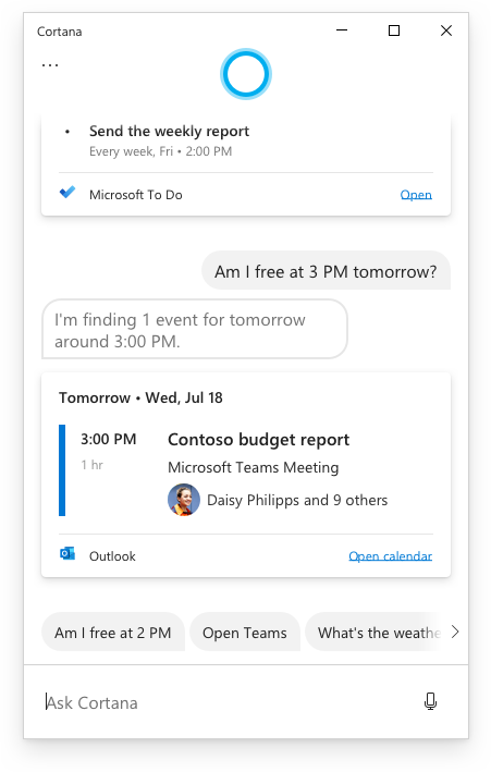 Screenshot: Cortana showing free time on a calendar.