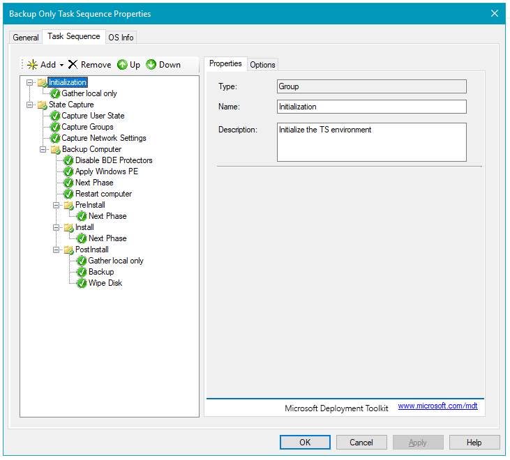 Screenshot of the backup only task sequence properties window with Initialization selected.