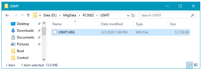 Screenshot showing a usmt.mig file selected in a window.