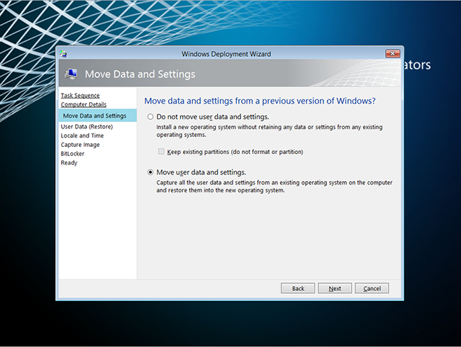 Screenshot of the Windows Deployment Wizard move data and settings window.