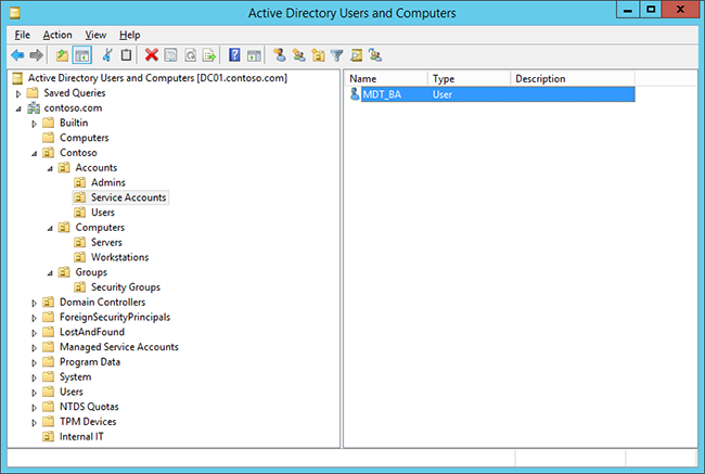 Screenshot of an Active Directory Users and Computers window with MDT MA user highlighted.