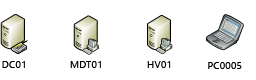Screenshot of DC 01, MDT 01, HV 01, and PC 0005 computers.