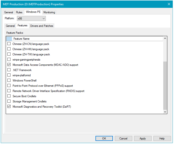 Screenshot of the MDT production properties dialog box with Microsoft Data Access Components MDAC / ADO support and Microsoft Diagnostics and Recovery Toolkit boxes checked.