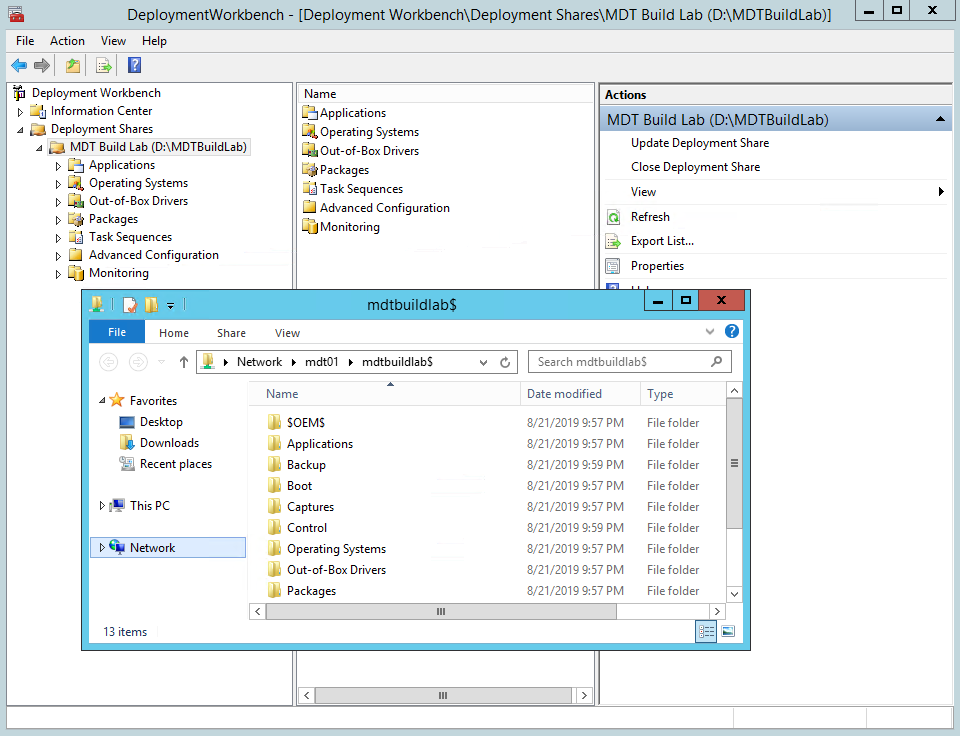 Screenshot of the deployment work bench and the mdt build lab deployment share dialog box.