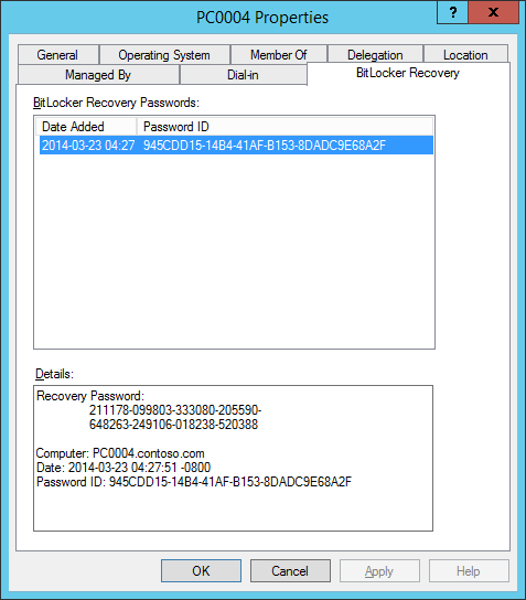Screenshot of a dialog box showing BitLocker recovery information.