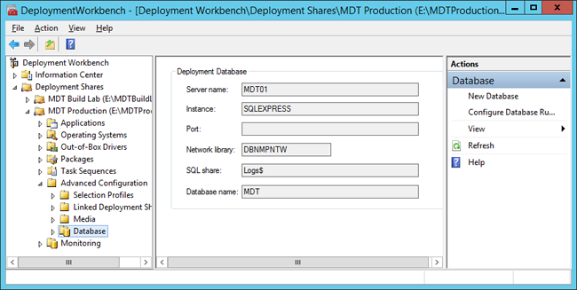 Screenshot of a dialog window showing the mdt database added to mdt 01.