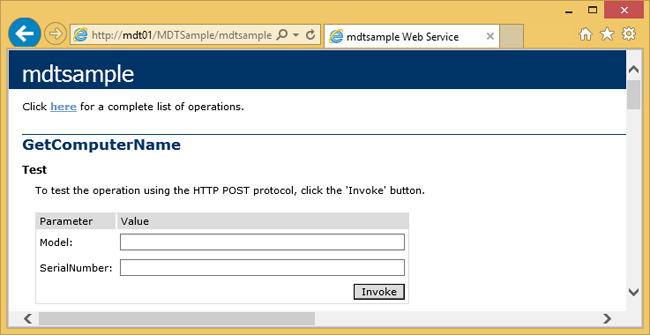 Screenshot of the mdt sample web service window.S