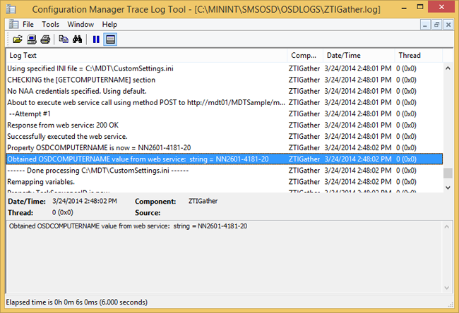 Screenshot of the OSCDCOMPUTERNAME value selected in the Configuration Manage Trace Log Tool.
