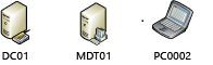 Screenshot of DC 01, MDT 01, and PC 0002 computers.