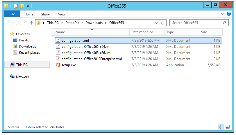 Screenshot of configuration xml file in Office 365 file list.