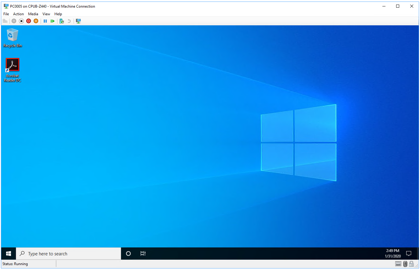 Screenshot of virtual machine desktop with Adobe Reader.