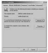Figure 2-4: Use the Network Identification tab to display and configure system identification. Notice that you can't change the identification or access information for domain controllers.