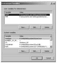 Figure 2-8: The Environment Variables dialog box lets you configure system and user environment variables.